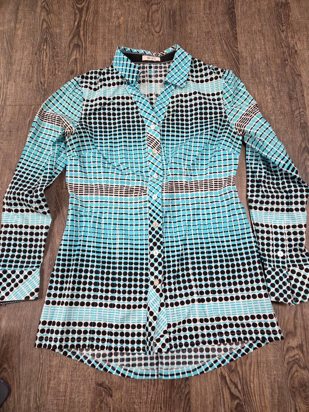 Tyler Boe Women's Fitted Button Long Sleeve Shirt Teal Black White Size Small